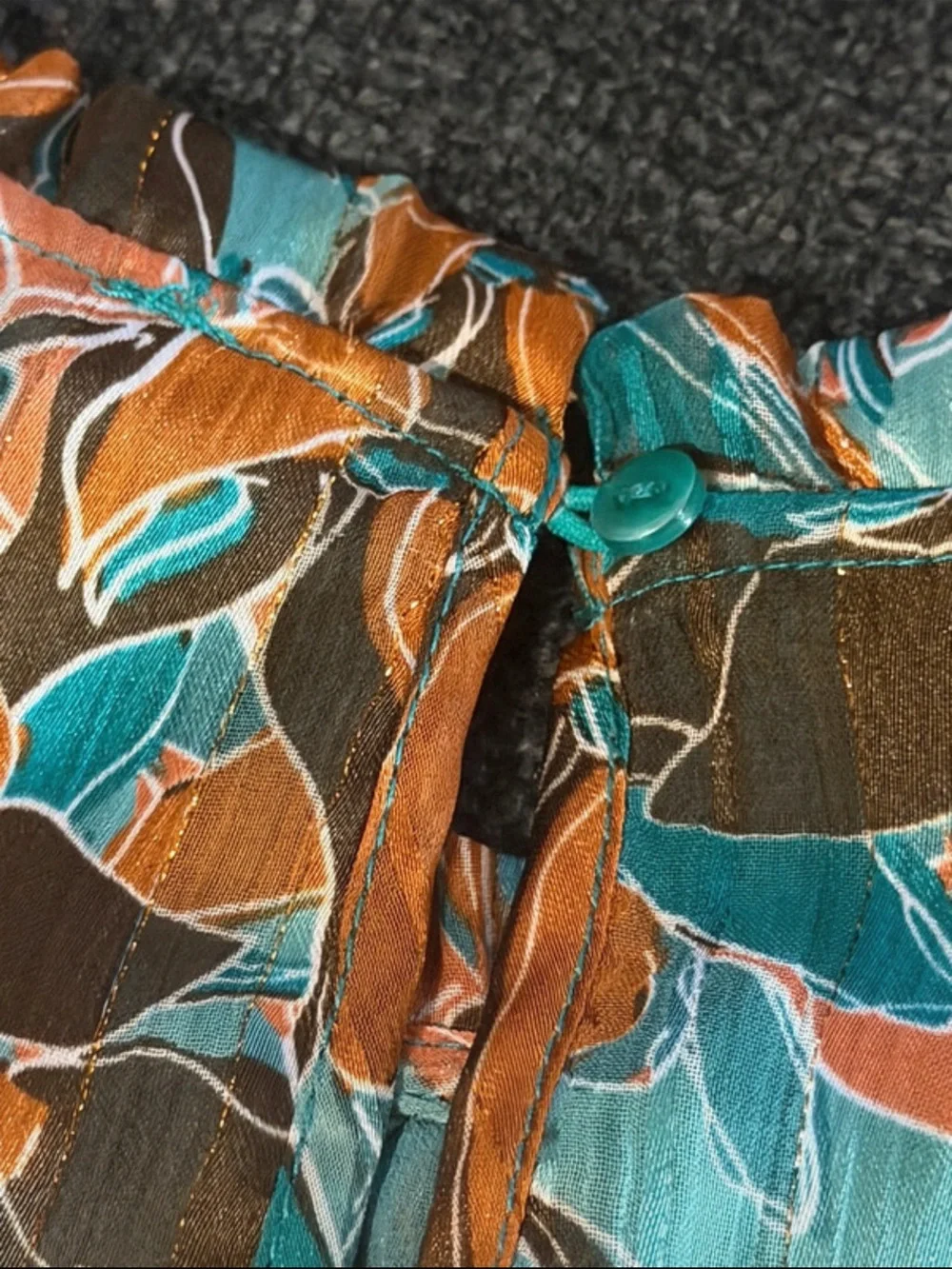 Leaf-Print Long Sleeve Blouse in Teal, Orange & Brown